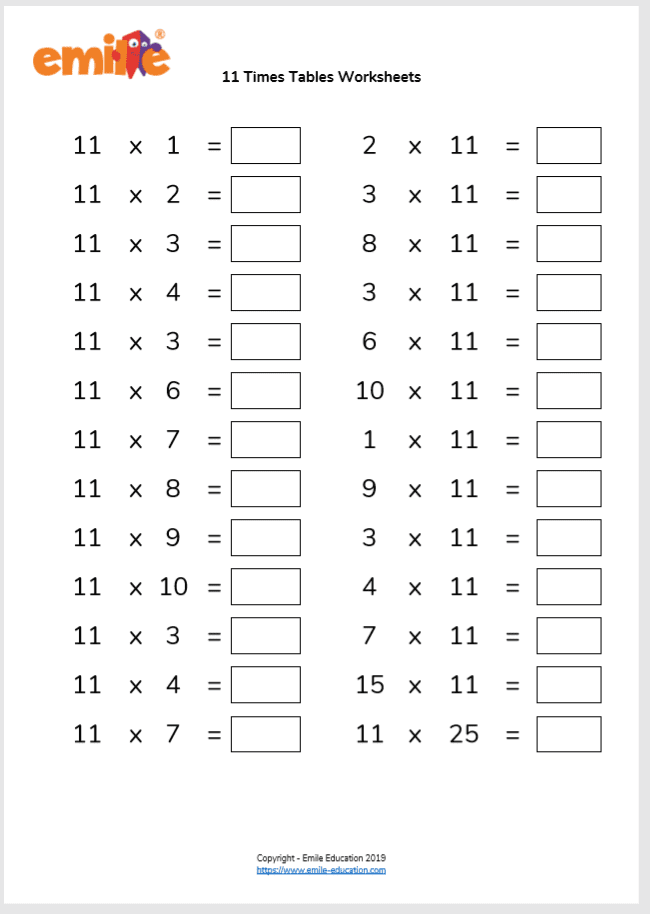 10 11 12 Times Tables Worksheets