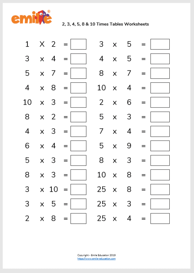 Multiplication Table 2 3 4 5 10 Worksheets