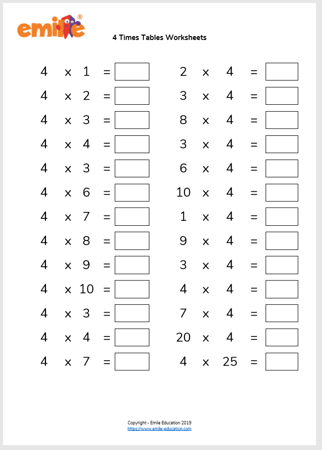 Printable 4 Times Table Sheets