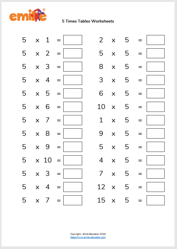 5 times table multiplication worksheets