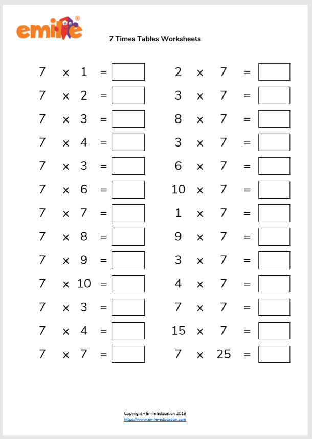 multiplication 7 times table worksheet