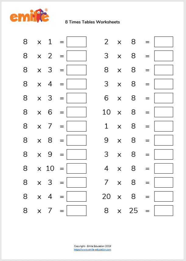 8 times table worksheet