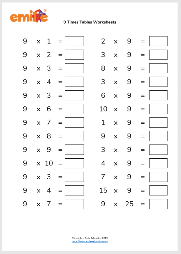 Free Printable 9 Times Tables Worksheets
