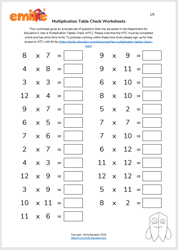 timed multiplication test table