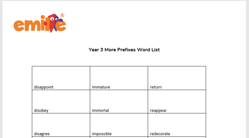 Year 3 More Prefixes Word List