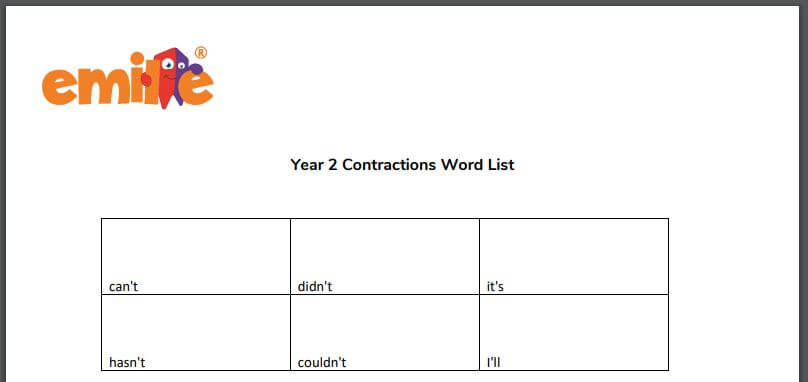 Y2 Contraction word list