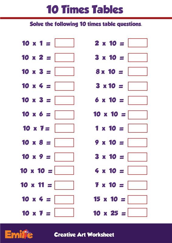 10 times table worksheet - mazforever