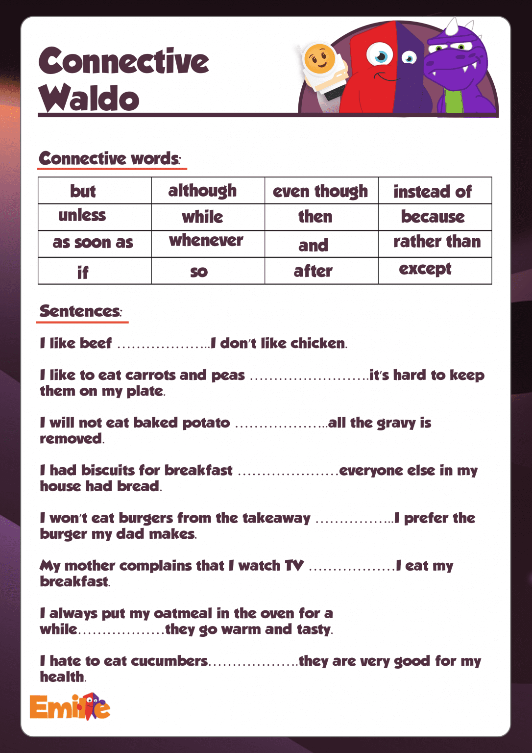 Connectives Worksheet For Grade 4